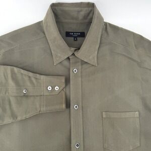 Ted Baker London Mens Olive Green Ribbed Button Down Shirt Size 5 XL Long Sleeve